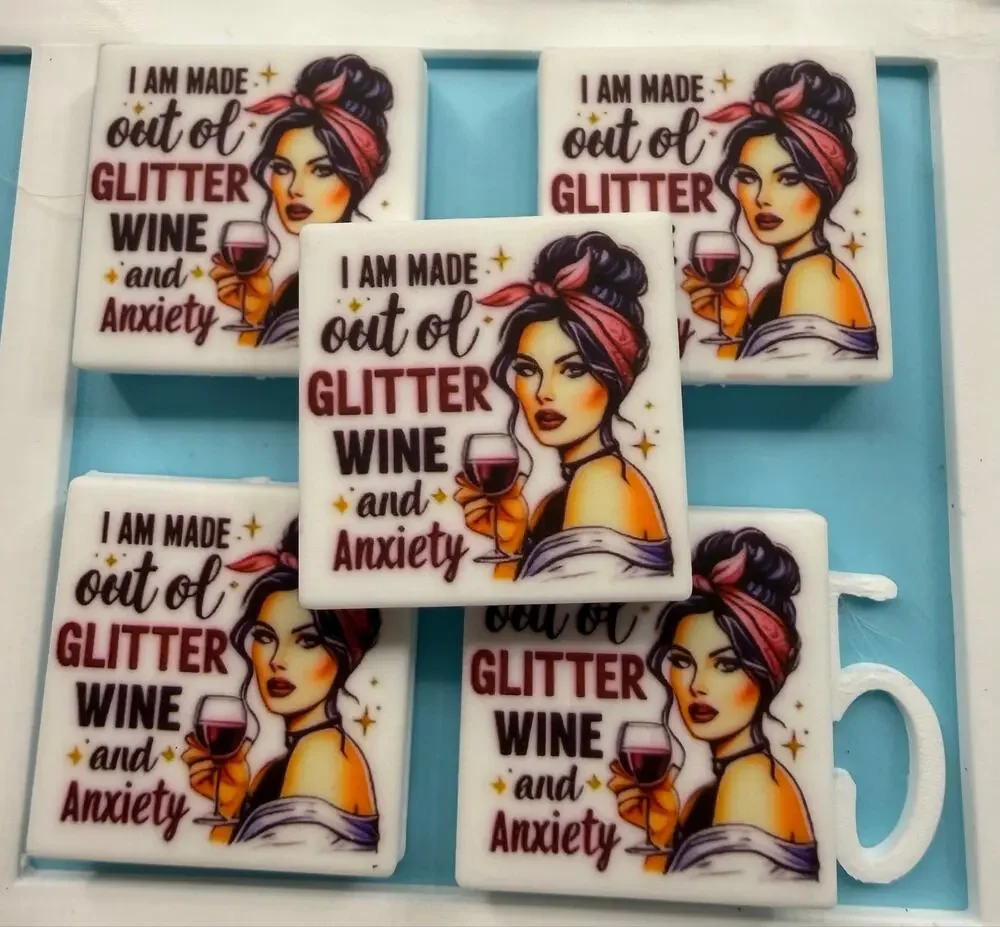 Set of 5 Glitter Wine & Anxiety Acrylic Focals for Pens Keychains Crafts